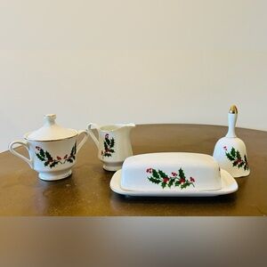 Vtg Christmas Porcelain 4pc Set Holly Sugar Creamer,  Bell, Covered Butter Plate